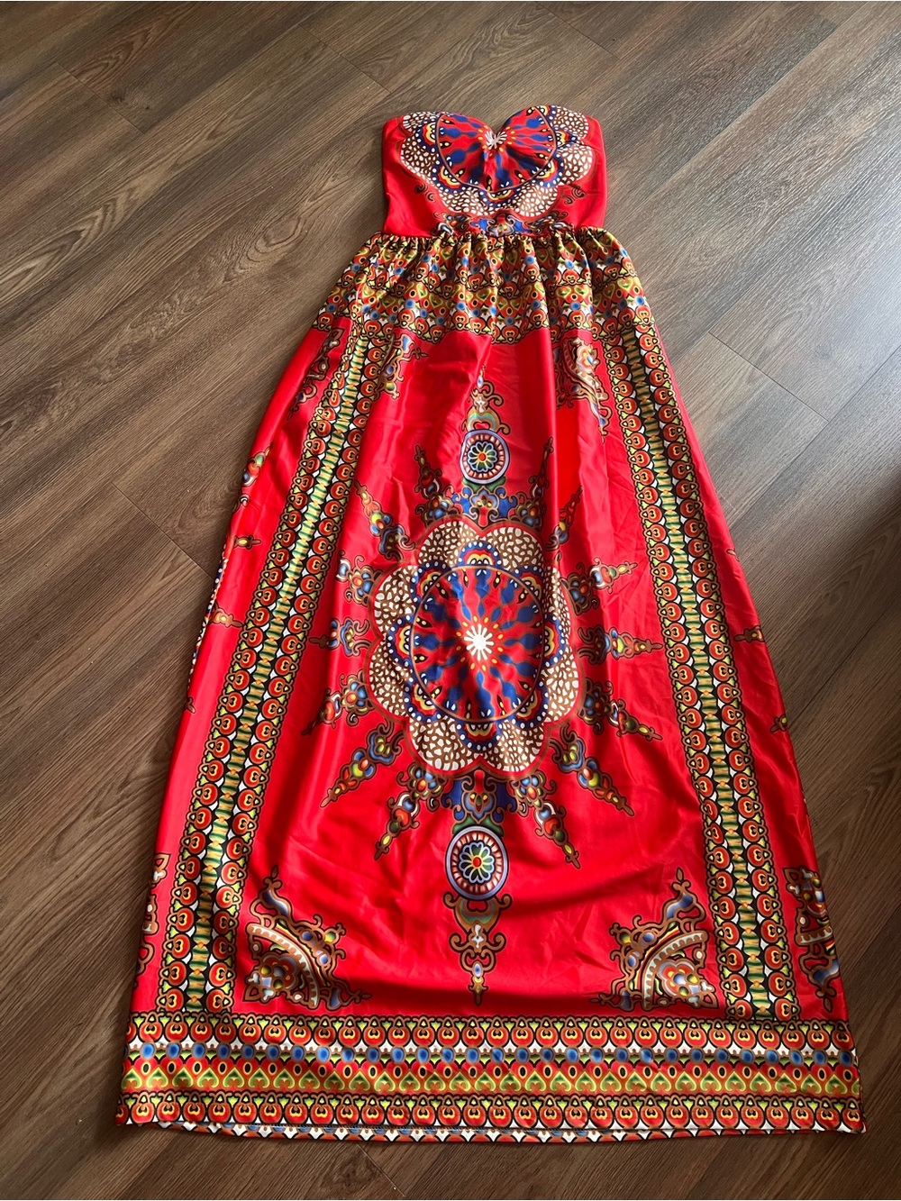 Strapless Red Bohemian Maxi Dress w/ Bold Medallion Print,lycra fabric(Expands)